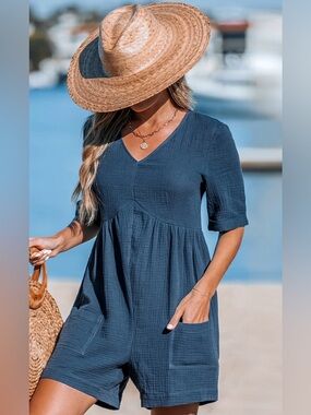 Navy V-Neck Textured romper  with Pockets